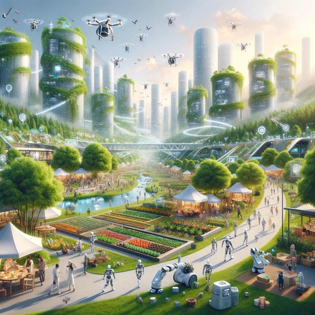 A futuristic utopian cityscape where artificial intelligence and robotics seamlessly produce all goods and services. The image depicts a harmonious blend of nature and technology, with lush greenery integrated among high-tech structures. Robots and drones are seen assisting in various tasks, from construction to agriculture, all operating autonomously. People are leisurely engaging in creative pursuits, education, and community activities, free from the necessity of work. The atmosphere is peaceful and abundant, symbolizing a world where human needs are met through AI-driven production, allowing society to focus on personal growth, creativity, and well-being.