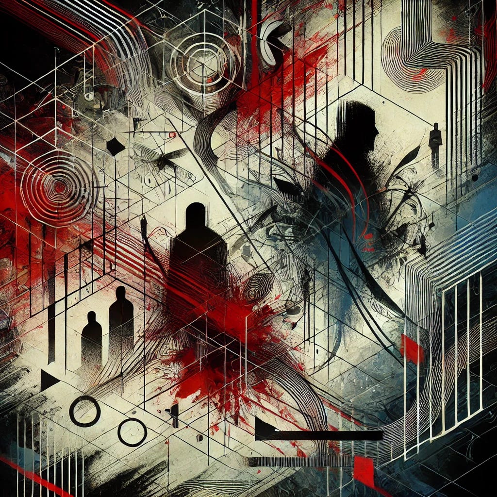 An abstract representation of corruption. The image features chaotic, intertwined lines and dark colors to symbolize confusion and deceit. There are shadowy figures blending into the background, representing hidden agendas and secrecy. Splashes of red and black are scattered throughout to evoke feelings of danger and moral decay. Geometric shapes are distorted and twisted, emphasizing the warped nature of corrupt practices. The overall composition is disordered and unsettling, capturing the essence of corruption in an abstract form.