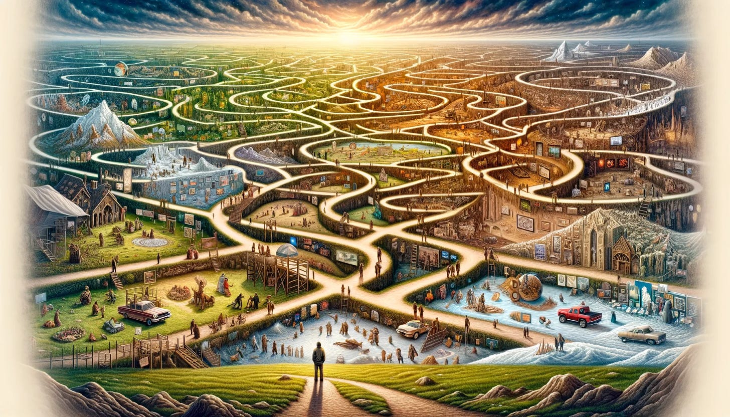 An evocative and detailed landscape illustration that visually represents many paths and the unfolding of history along each. The scene features a vast network of paths sprawling across a diverse landscape, each path lined with various scenes and vignettes, illustrating different historical moments and personal journeys. These vignettes might include small groups of people engaged in different activities, evolving architectures, changing landscapes, and symbolic elements representing various eras and cultural shifts. The paths intertwine and diverge, showing the interconnectedness and individuality of each journey. In the foreground, a person of undetermined gender and descent stands, observing this tapestry of paths and histories, symbolizing the observer's role in the passage of time and the choices that shape our lives. The sky above reflects a transition from day to night, symbolizing the passage of time and the continuous unfolding of history along these paths.
