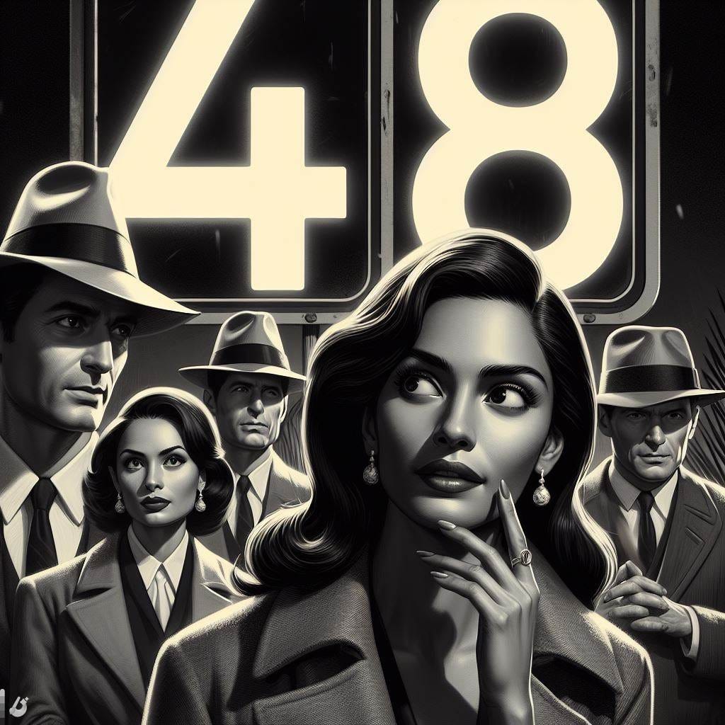 v popředí číslo 48, v pozadí tajní agenti v kloboucích ze 60 let, styl noir detektivka, něco co vystihuje hlášku "google máme problém"