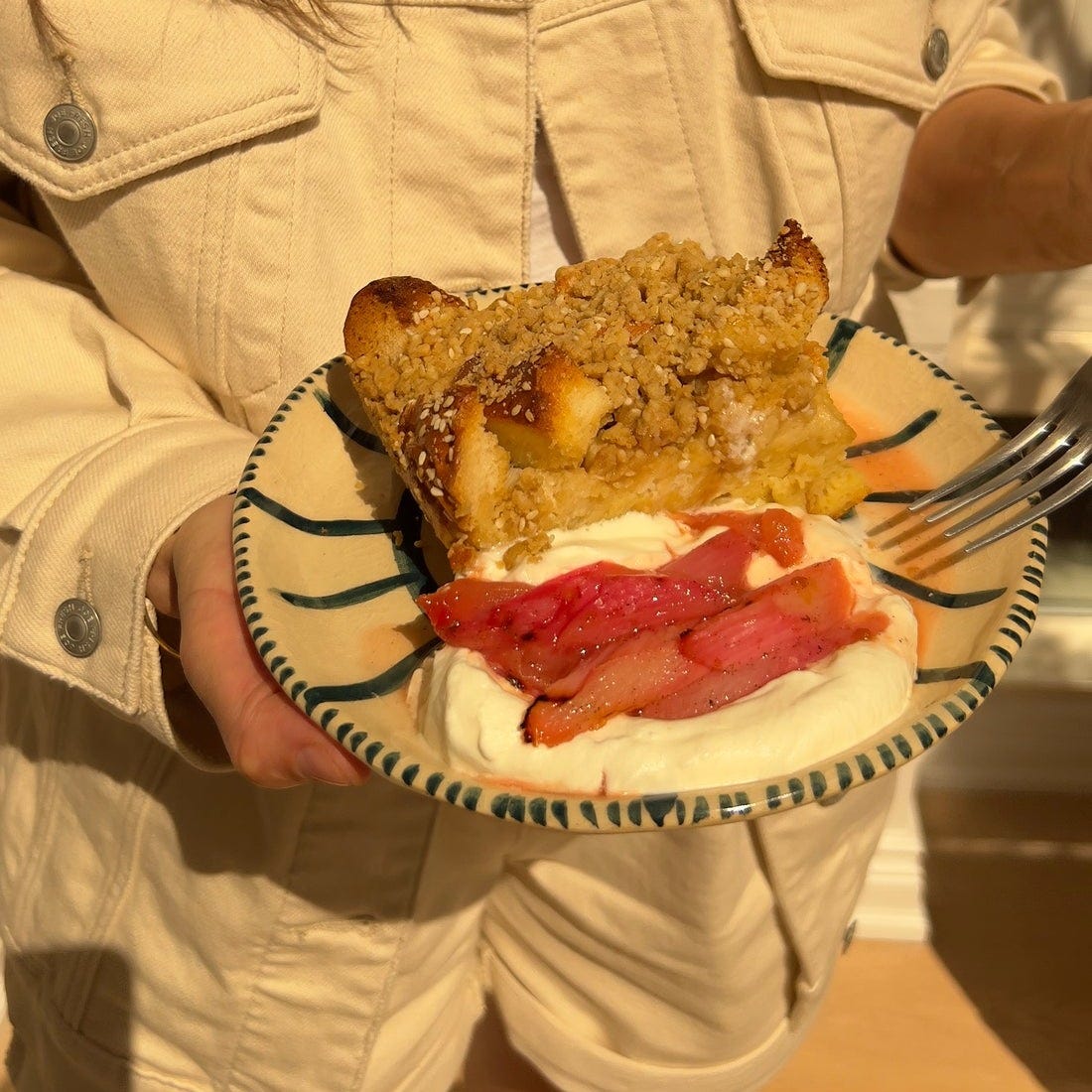 Sesame Crumb Challah French Toast Bake with Roasted Rhubarb & Cream