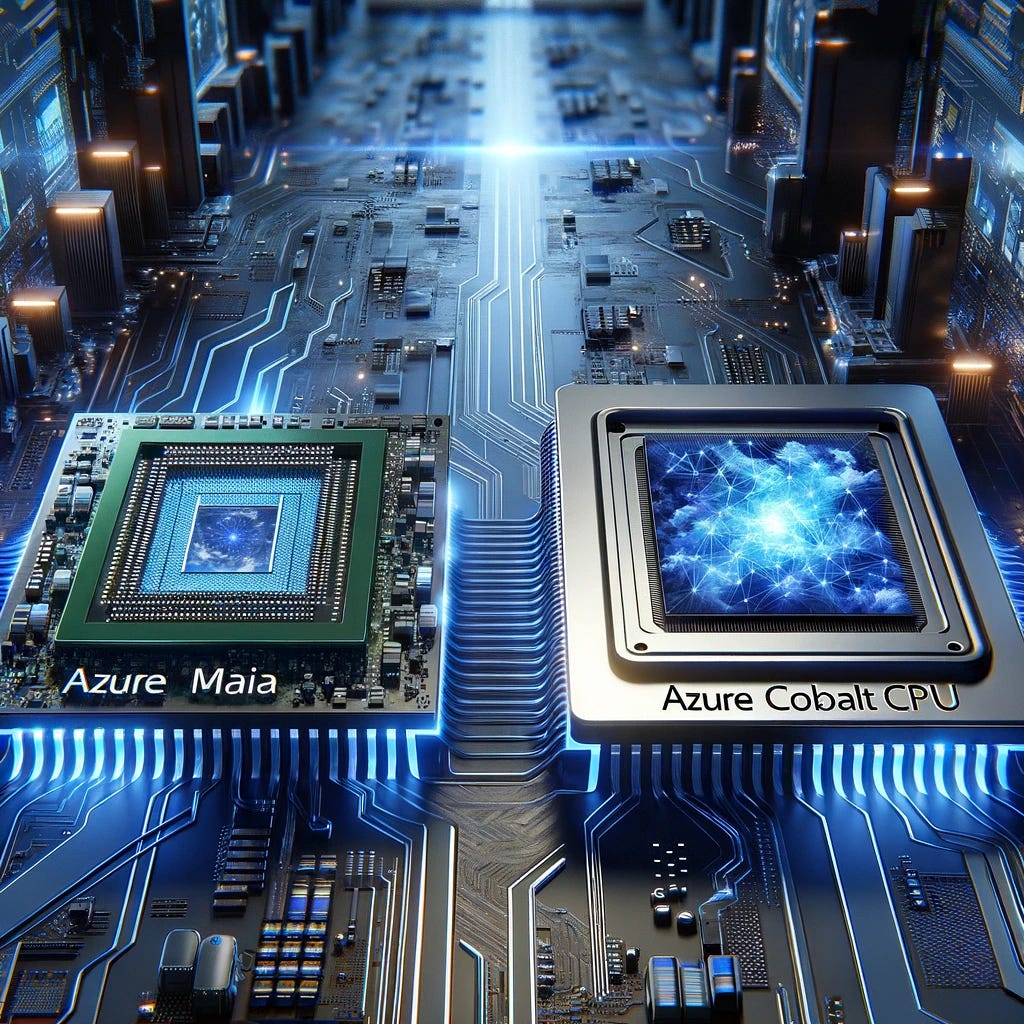 A conceptual representation of two advanced AI chips, named Azure Maia AI Accelerator and Azure Cobalt CPU. These chips are showcased against a high-tech, futuristic background, symbolizing cutting-edge technology and innovation in artificial intelligence. The Azure Maia chip is designed with intricate circuits and a focus on AI tasks, while the Azure Cobalt CPU is depicted as a sophisticated Arm-based processor. The scene is filled with digital and technological motifs, emphasizing the chips' roles in optimizing cloud and AI workloads.