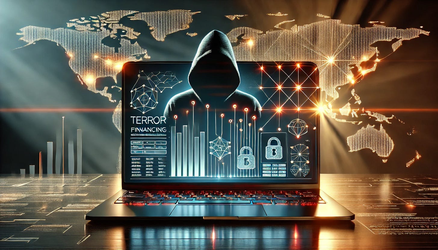 A sleek and professional digital artwork focusing on the theme of terror financing. The centerpiece is a refined, glowing laptop screen with intricate and minimalistic abstract financial graphics, such as data streams and transaction nodes, representing digital finance. Above the laptop, a subtle yet ominous shadowy silhouette of a hooded figure is integrated seamlessly into the composition, enhancing the sense of mystery and danger without overpowering the design. The background features a clean, dark gradient with a futuristic world map, subtly illuminated by precise, thin red and gold lines connecting global points, representing financial networks. The design is clean, balanced, and sophisticated, with a polished, high-tech feel, using dramatic but professional lighting with glowing highlights and sharp contrasts to convey urgency and secrecy. Created using: digital art, minimalism, clean and polished lines, futuristic and professional style, dramatic but subtle lighting, HD quality. --ar 16:9