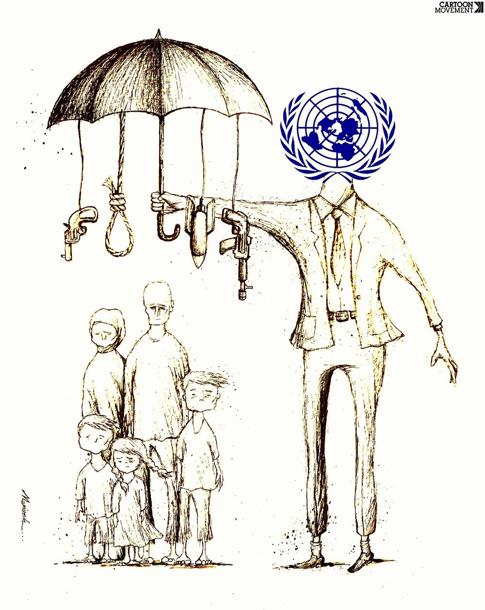Cartoon showing a man with his head replaced by a United Nations logo holding an umbrella. From underneath the umbrella dangle a noose, a gun, and a bomb. Below the umbrella stands a frightened family.
