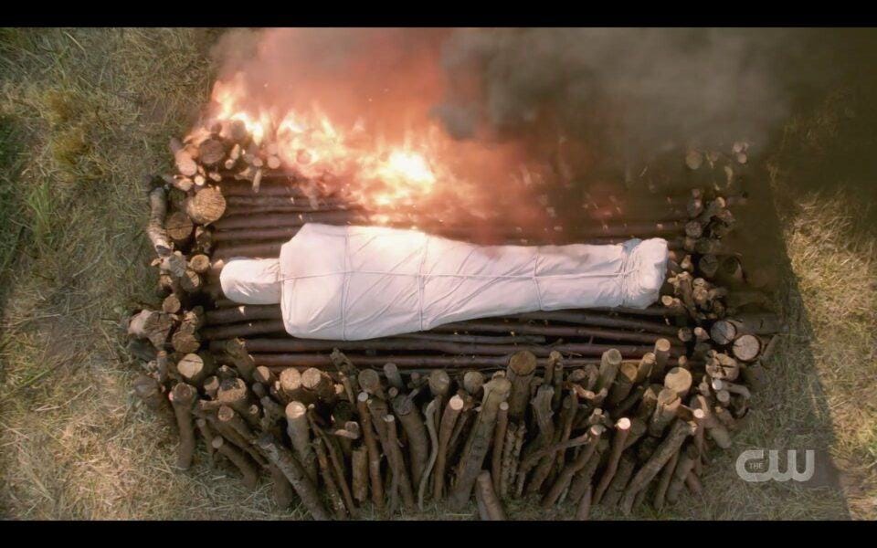 SPN Dean Winchester body being burned at funeral pyre