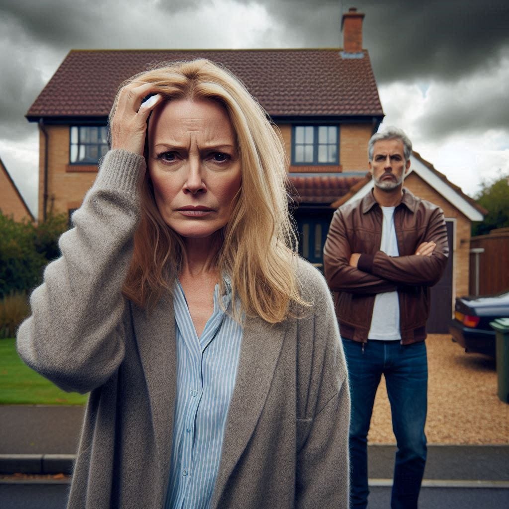 An angry middle-aged blonde woman walks down a suburban street. Behind her a handsome middle-aged man stands in an open doorway. Storm clouds are overhead.