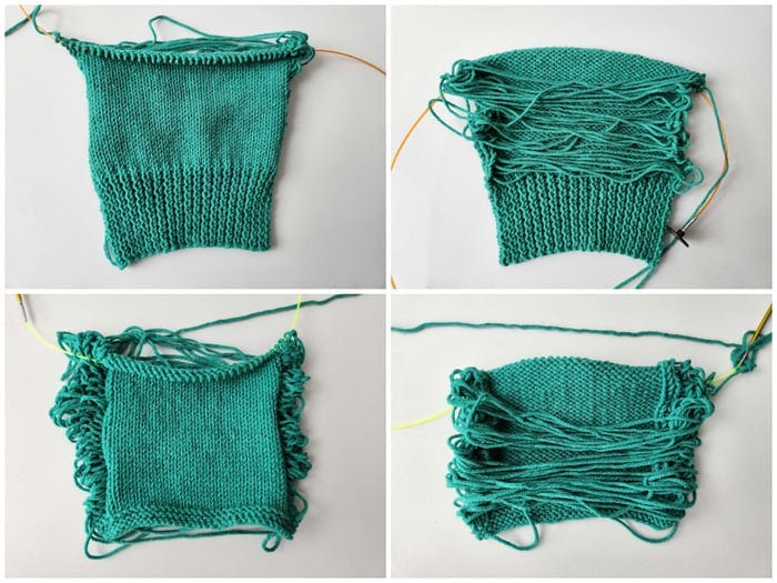 Swatching in green cotton yarn with yarns carried around the back when knitting on circular needles to reach gauge for my Tara Top project