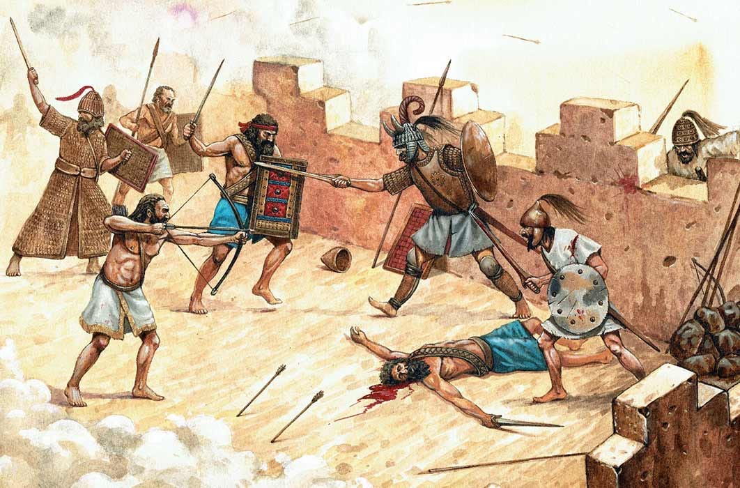 Attack of the Sea Peoples on Syrian fortification. Historical illustration. ( Lunstream / Adobe Stock)