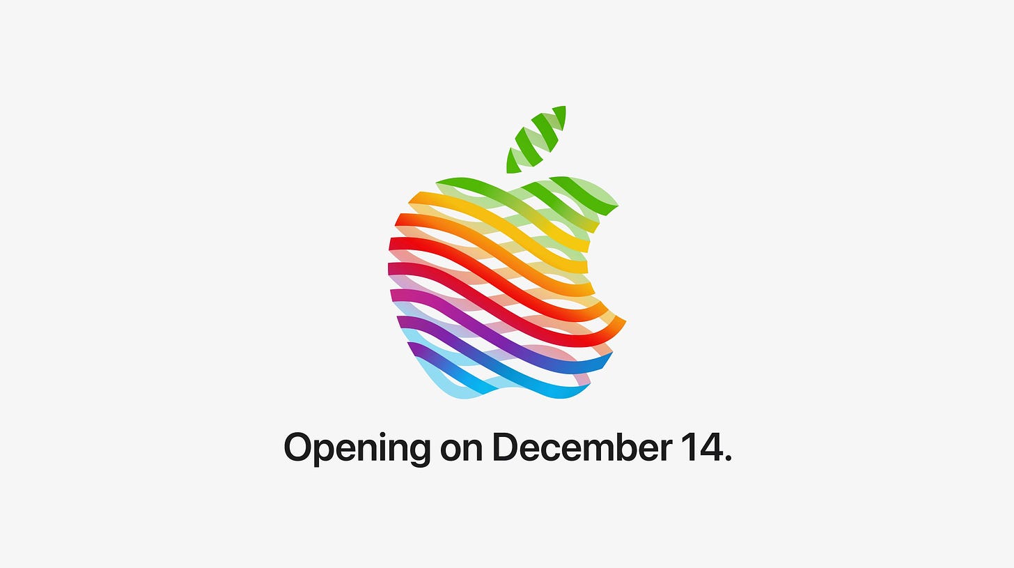 The heritage Apple logo with the caption "Opening on December 14."