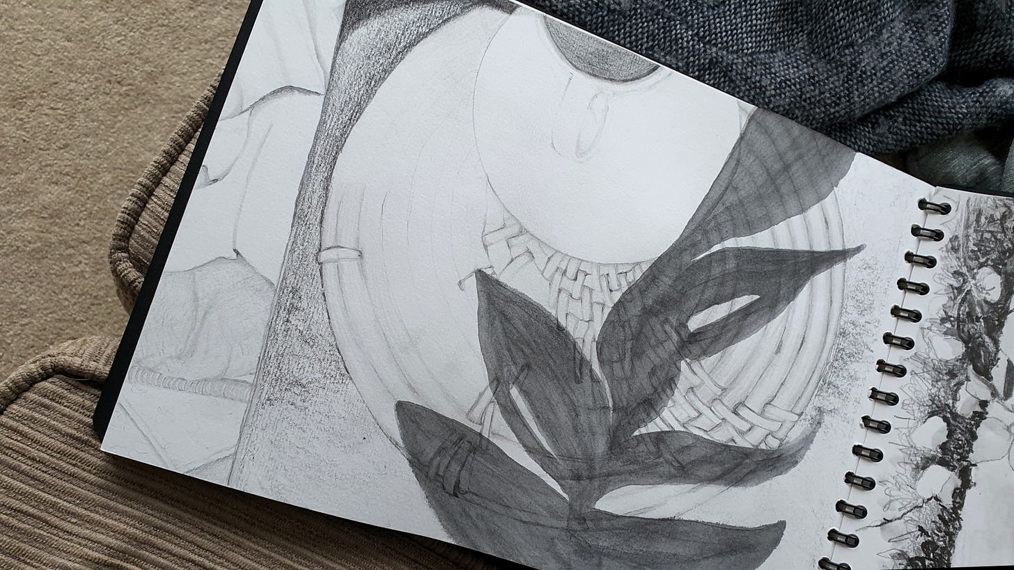 a pencil drawing in a sketchbook of an abstract composition. Round shapes of teacup and mat and a shadow leaf over the top 