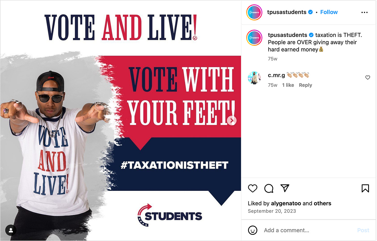 Instagram post from Talking Points memo USA featuring a douchey looking man wearing a t-shirt that says vote and live, next to text also reading vote and live, vote with your dollar and # taxation is theft. Caption reads taxation is THEFT. People are OVER giving away their hard earned money
