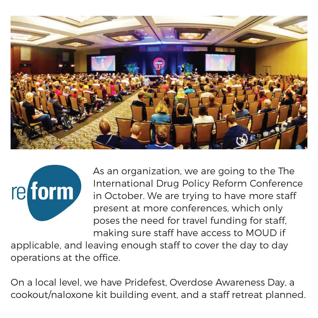 In October. We are trying to have more staff present at more conferences, which only poses the need for travel funding for staff, making sure staff have access to MOUD if applicable, and leaving enough staff to cover the day to day operations at the office.   On a local level, we have Pridefest, Overdose Awareness Day, a cookout/naloxone kit building event, and a staff retreat planned. 
