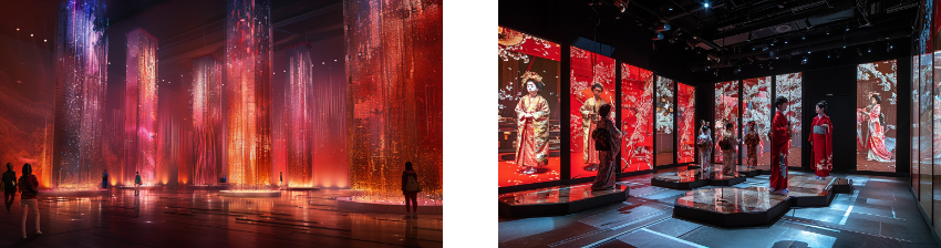 A gallery exhibit features two displays. On the left, illuminated columns in warm red, orange, and purple tones create a mesmerizing light installation where visitors walk among glowing towers. On the right, digital screens show traditional kimonos surrounded by cherry blossoms, celebrating historical attire in a modern, immersive environment.
