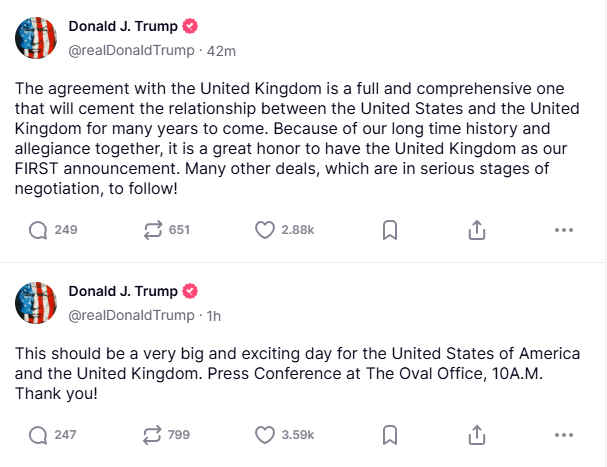 Screenshot of two Donald J. Trump tweets about an agreement with the United Kingdom.