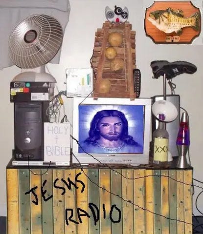 Old computer, television, bottle of booze, and other useless items hooked together to make a radio to contact Jesus.