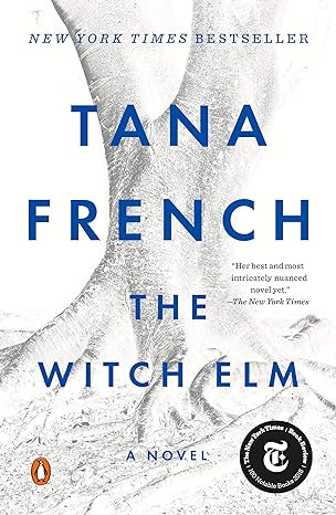 cover for the witch elm, which is a greyscale tree on a white background, title and author in blue