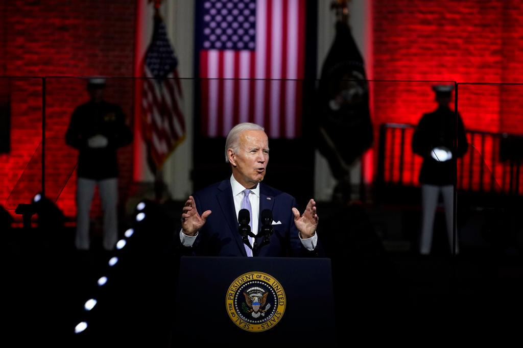 President Joe Biden speaks outside Independence Hall, Thursday, Sept. 1