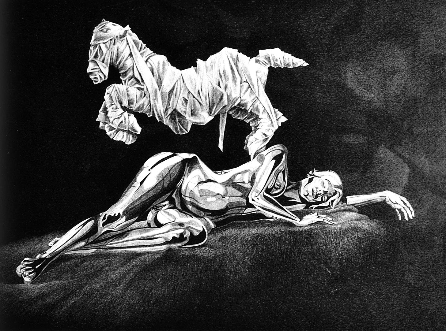 Rich black and white drawing with a tissue paper covered child's hobby horse leaping over a chrome plated, sleeping female model.