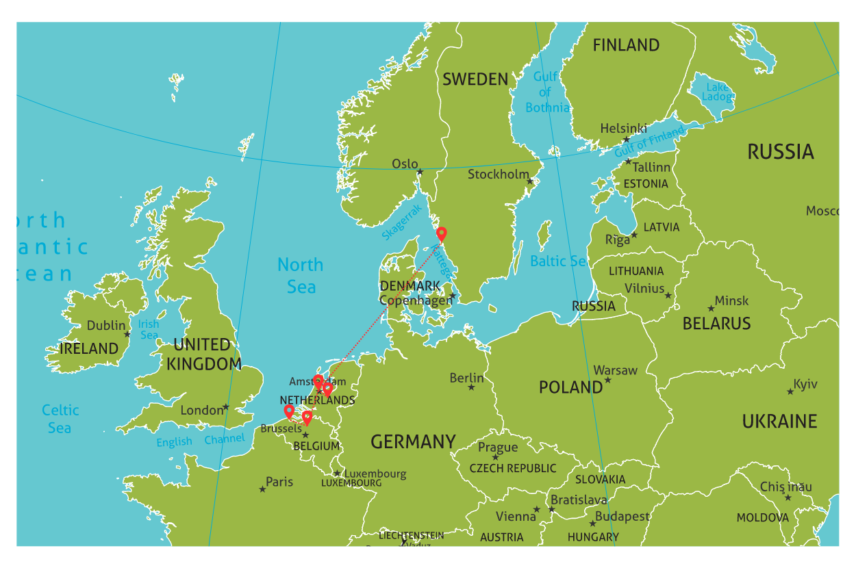 Map of Europe with the following cities marked and connected with red lines: Gothenburg, Antwerp, Bruges, Amsterdam, and Utrecht