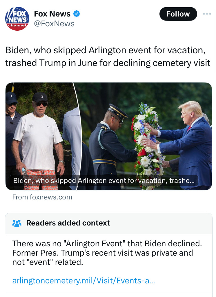 BIden, who skipped Arlington event for vacation, trashed Trump in June for declining cemetery visit." Community note: There was no "Arlington event" that Biden declined. 