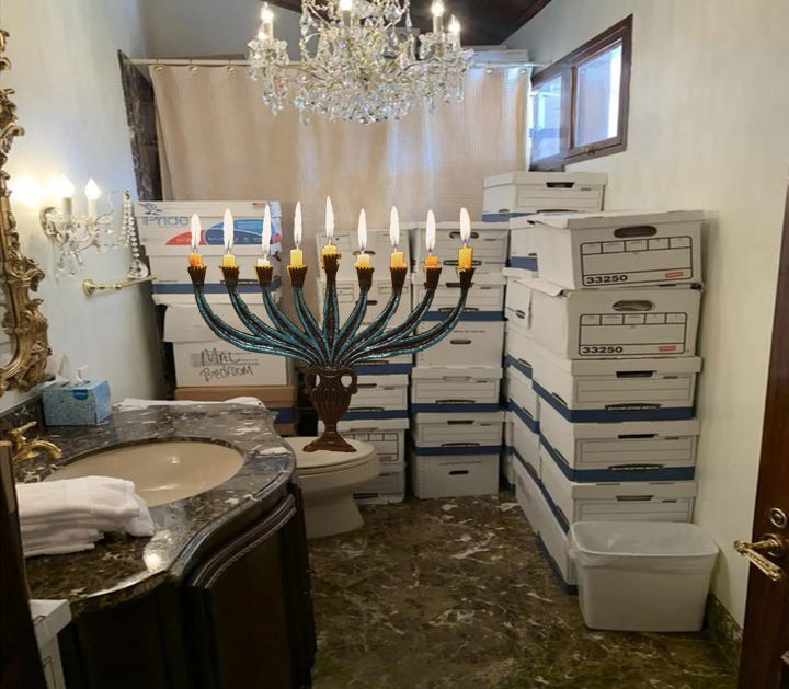 Photoshop of a menorah in Trump's bathroom with the boxes