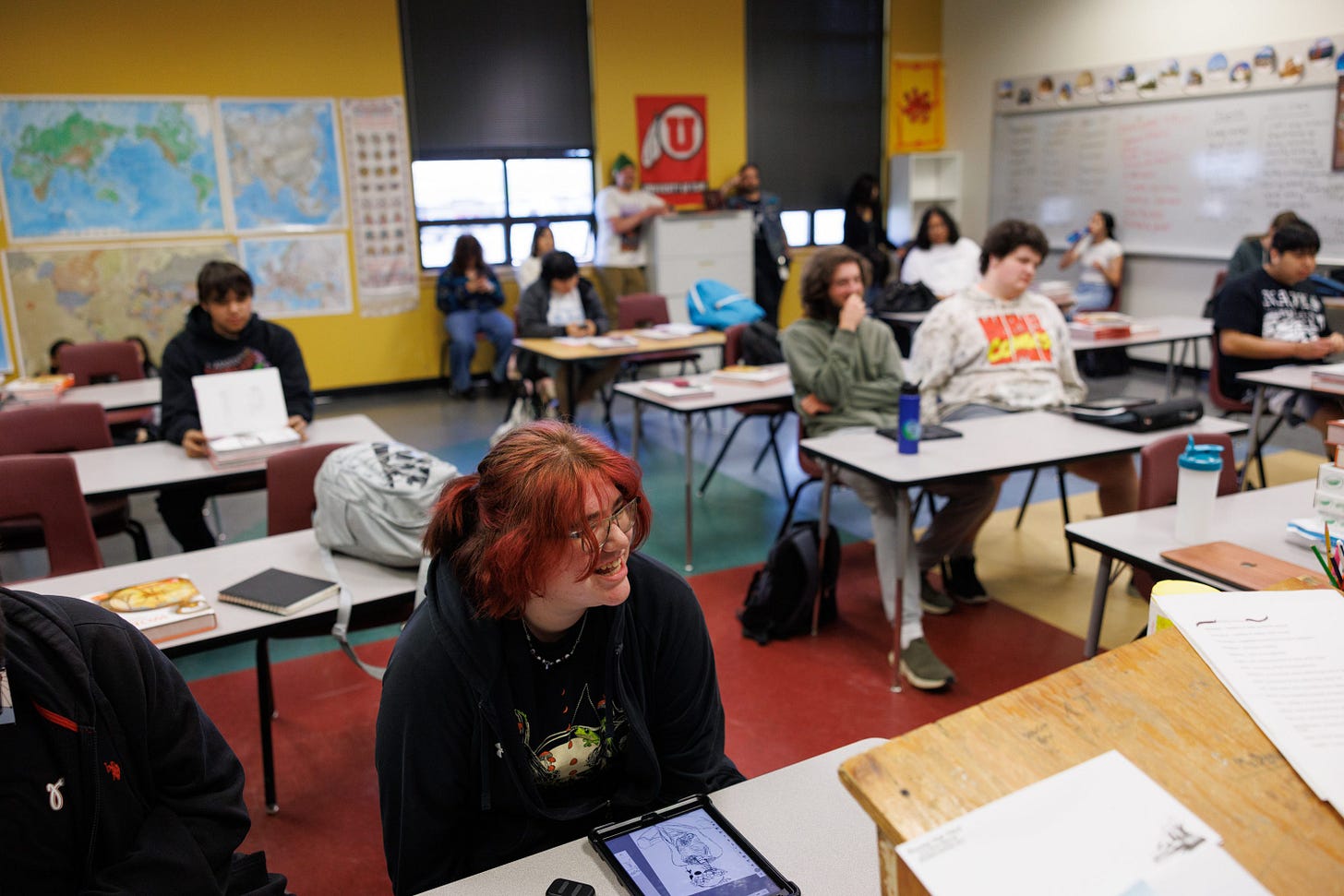 A student laughs during a heavy metal music class taught by Drew Landry and Robert Hall at Browning High School on the Blackfeet Reservation on Tuesday, May 20, 2025. The class was created by the nonprofit Firekeeper Alliance, which focuses on suicide prevention and building Indigenous mental health resources for tribal communities in Montana. A student laughs during a heavy metal music class taught by Drew Landry and Robert Hall at Browning High School on the Blackfeet Reservation on Tuesday, May 20, 2025. The class was created by the nonprofit Firekeeper Alliance, which focuses on suicide prevention and building Indigenous mental health resources for tribal communities in Montana.