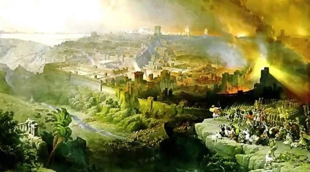 El asedio y la destrucción de Jerusalén por los romanos bajo el mando de Tito, 70 d.C., por David Roberts (1850), muestra la ciudad en llamas. Dominio público