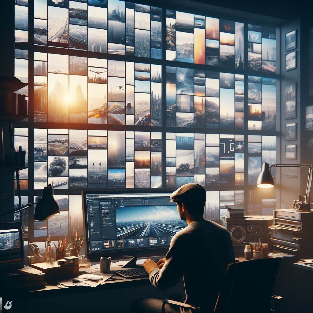 A man browsing through a collection of 'prompts' for GPT, detailed, photograph, atmospheric, window view, hyper-realistic, 1080p, artstation, octane render, nvidia, vray render, arnold 3D, octane render