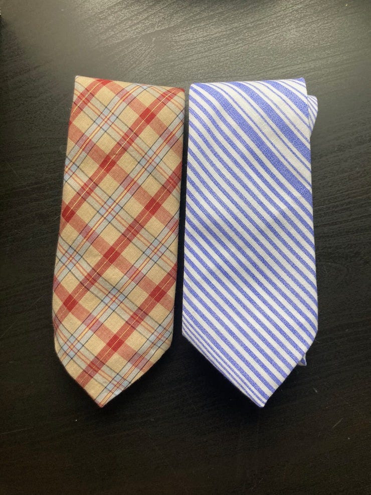 Finished neck ties. I got the plaid at an estate sale and the stripes at a thrift store. Amounts to about 1.50 each plus a little more for thread and interfacing.