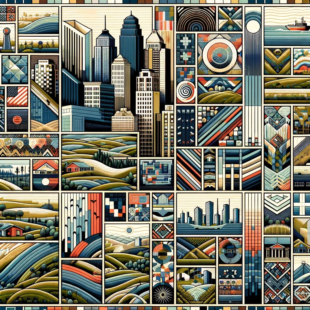 Create an abstract tapestry image that emphasizes different communities, cities, landscapes, and buildings, without explicitly referencing the United States. The tapestry should showcase a variety of architectural styles, natural landscapes, and community symbols to represent the diversity of approaches and cultures within different cities. Each section of the tapestry should be distinct, with unique patterns, colors, and motifs that reflect the identity of each community, from urban skyscrapers to rural landscapes, and everything in between. The artwork should convey a sense of unity and diversity, illustrating how different communities contribute to a rich, cohesive mosaic.