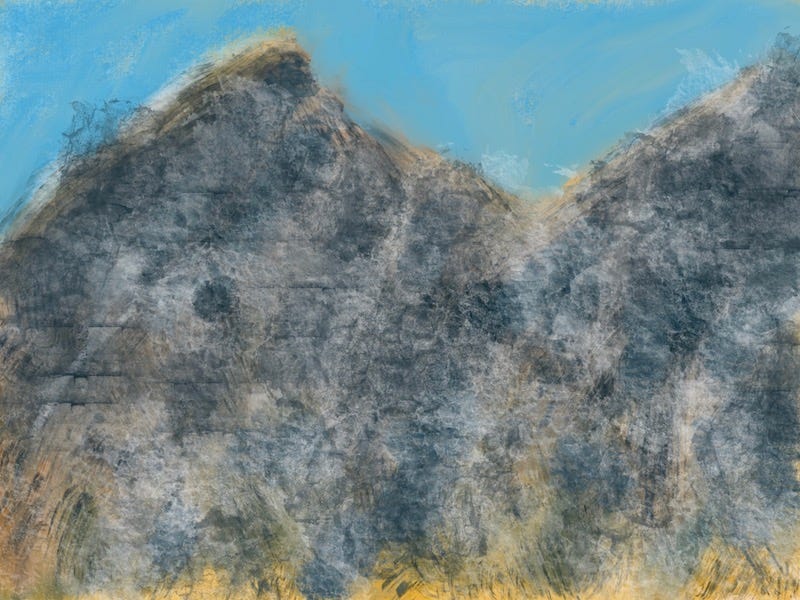 Abstract landscape painting by Sherry Killam Arts depicting the various colors and textures of a granite rock mountain rising from yellow gold grasses.