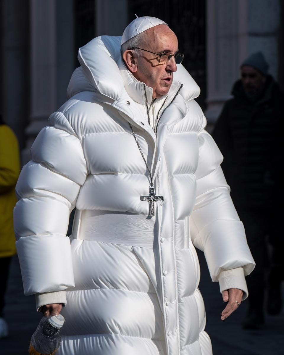 Papa Francisco vestindo um casaco branco estiloso.
