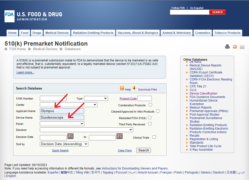 Searching the 510(k) database for "Duodenoscope" and "Olympus"