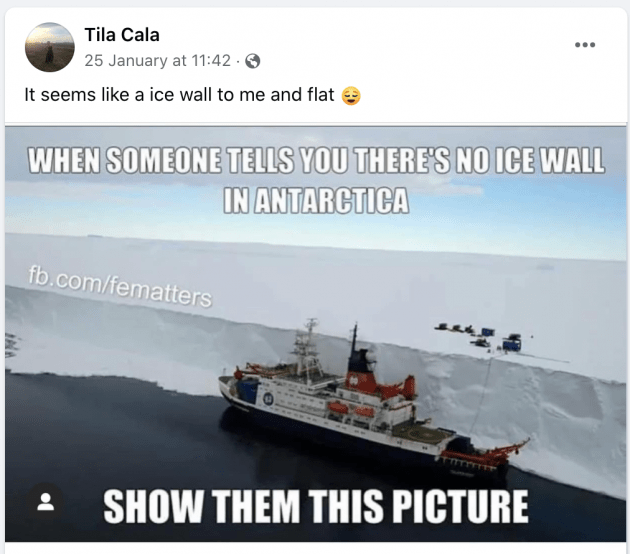 Meme with a ship anchored near a wall of ice