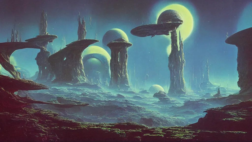 Prompt: otherworldly atmospherics of an alien planet by arthur haas and bruce pennington and paul lehr, cinematic matte painting