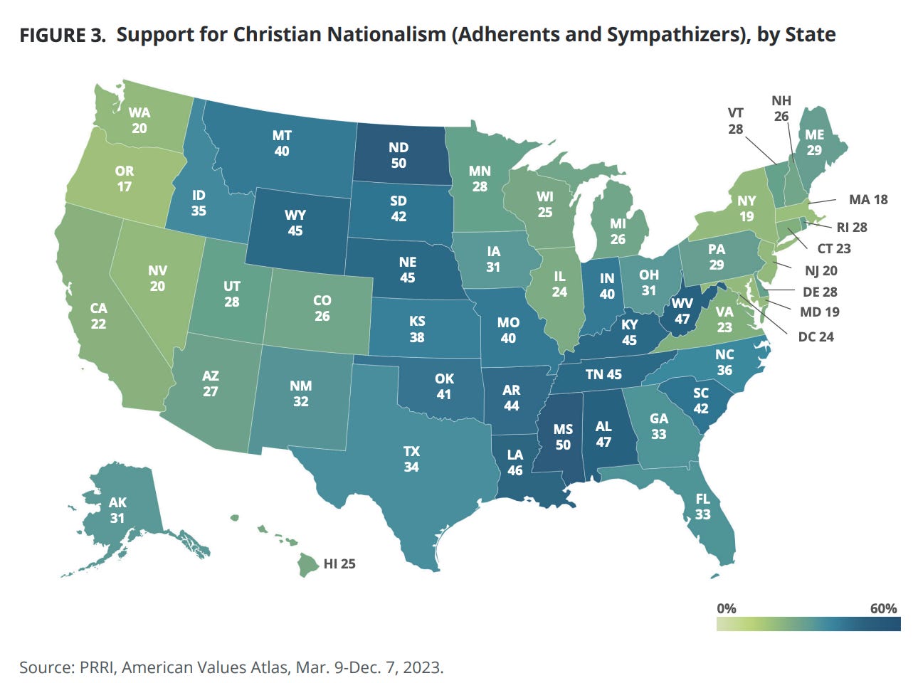 Heat map of the United States showing support for Christian nationalism by state