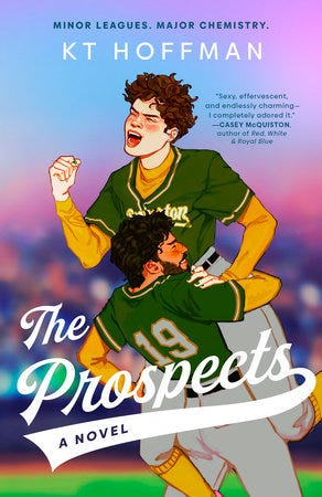 The cover of The Prospects, which has Gene and Luis joyfully colliding, with a pink and blue tinged sky
