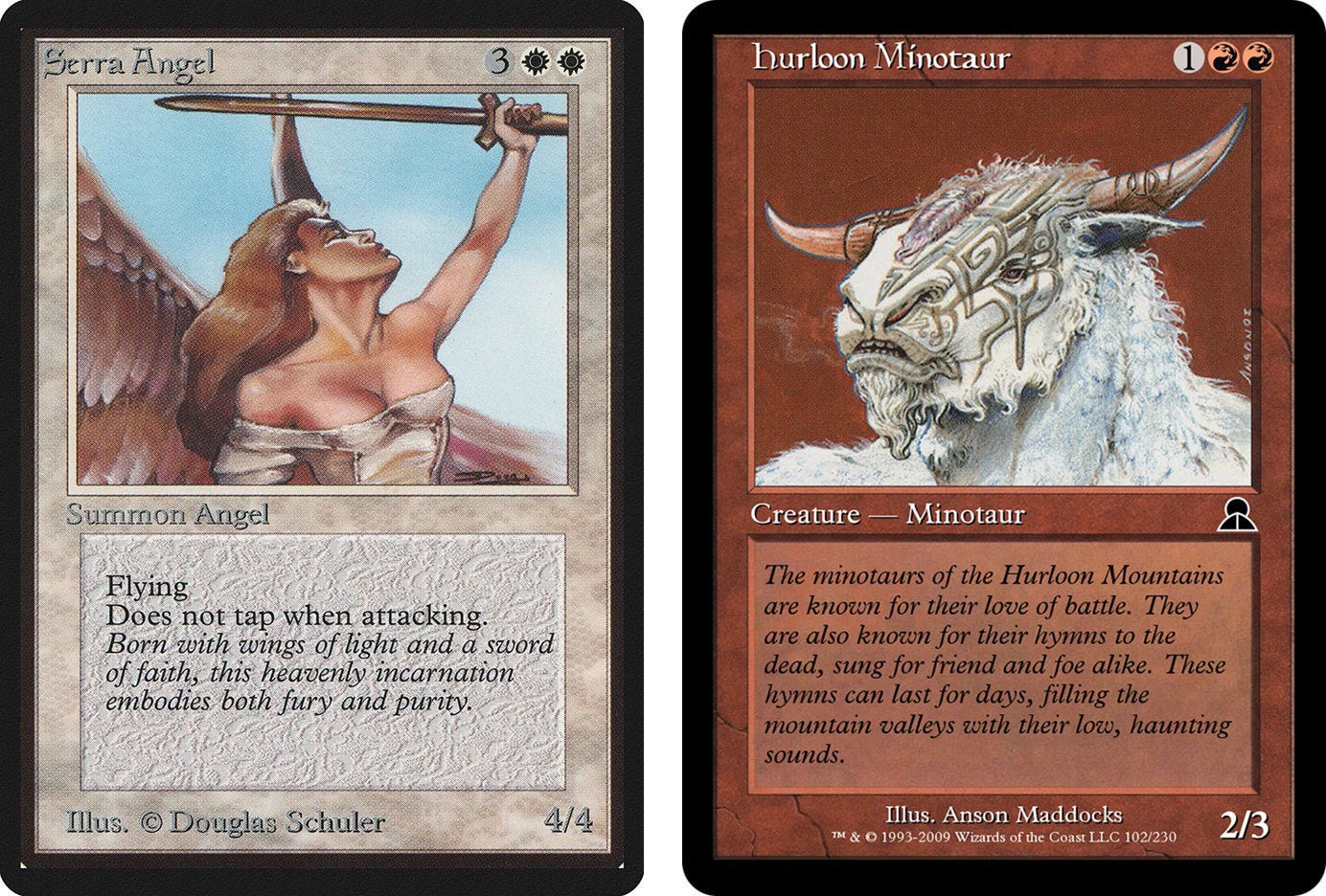 LEFT: Magic: The Gathering card with white background titled "Serra Angel" with illustration by Douglas Schuler. The art features a torso shot of a female angel lifting a sword high. Her feathery wings extend off panel left. RIGHT: Magic: The Gathering card with red background titled "Hurloon Minotaur" with illustration by Anson Maddocks. The art features a head shot of a white furred minotaur with face painted with lines of a labyrinth.