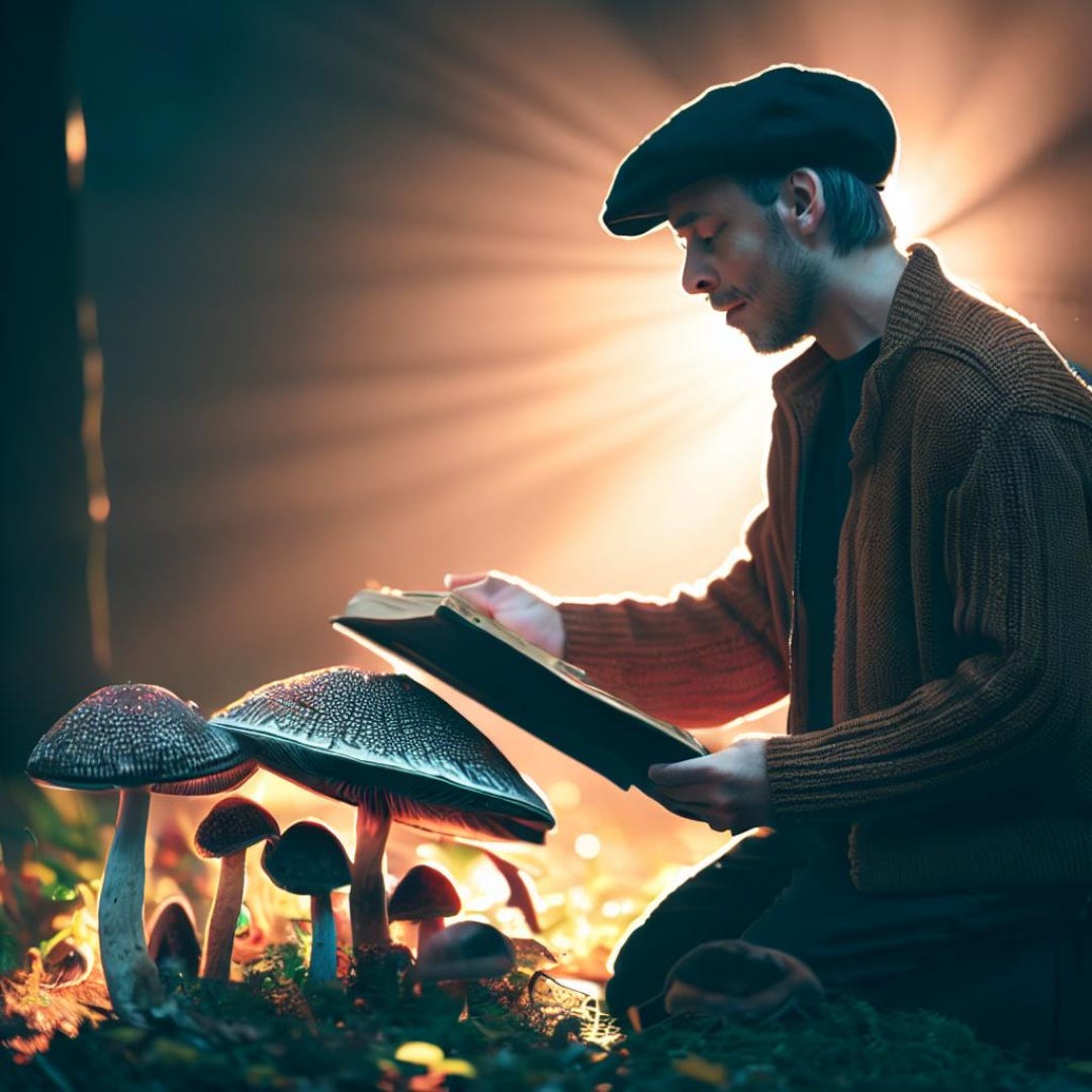 A man studying mushrooms