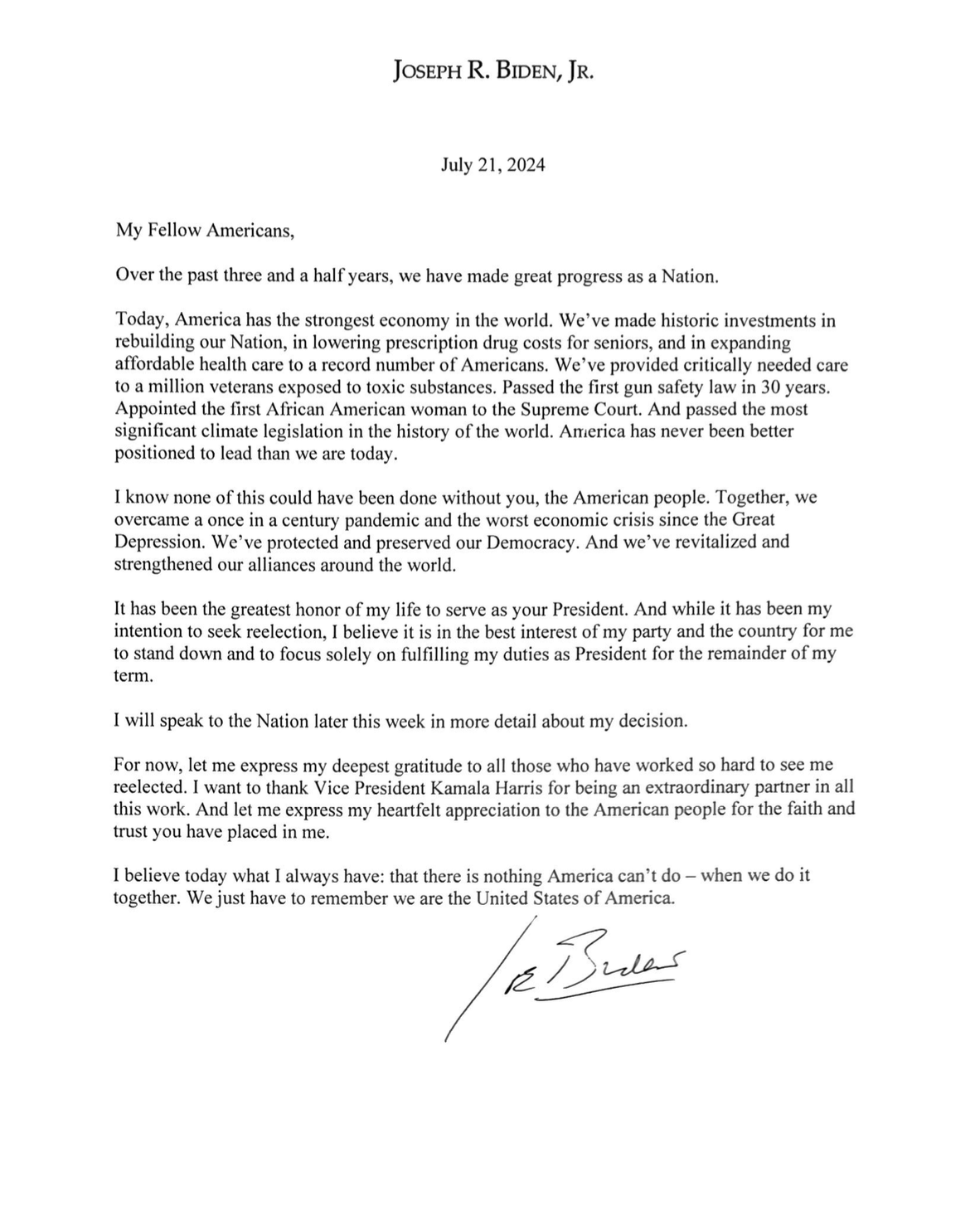 Joe Biden's July 21, 2024 letter announcing that he will not seek re-election as President