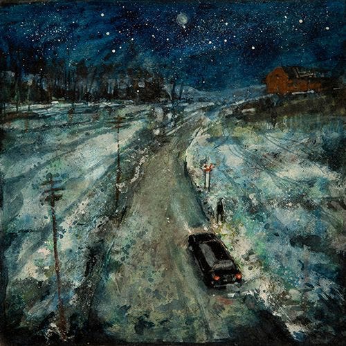 Single cover art for "A Cross on a Gravel Road" by The Okay Lakes (original painting by David Bez)