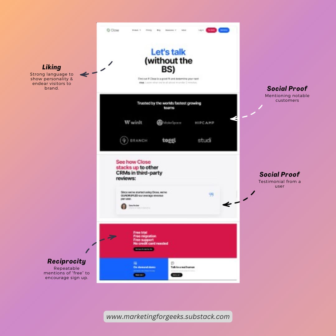 A breakdown of Close's Demo Booking page showcasing how they use different principles of persuasion, including Liking, Social Proof, and Reciprocity