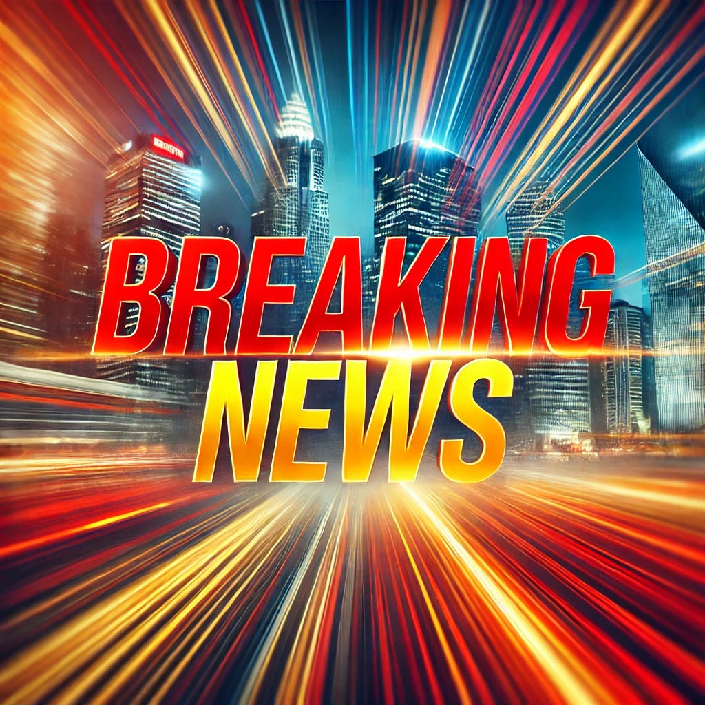A dramatic 'Breaking News' image, featuring bold red and yellow text overlaying a blurred cityscape background. The text 'Breaking News' is large and stands out prominently in the center of the image, with flashing lights and a sense of urgency. The background shows a fast-moving, blurred scene of a bustling city, symbolizing the speed of news. The colors are vibrant, with a modern, high-energy feel suitable for a news broadcast.