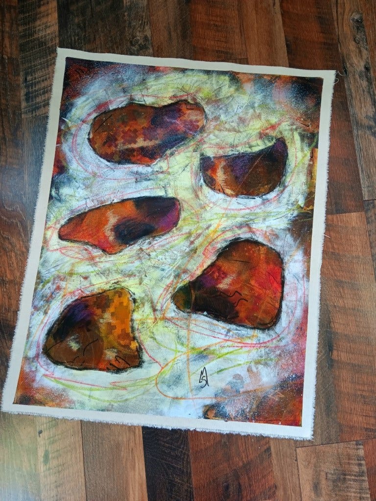 mixed media painting on canvas in shades of reds, oranges