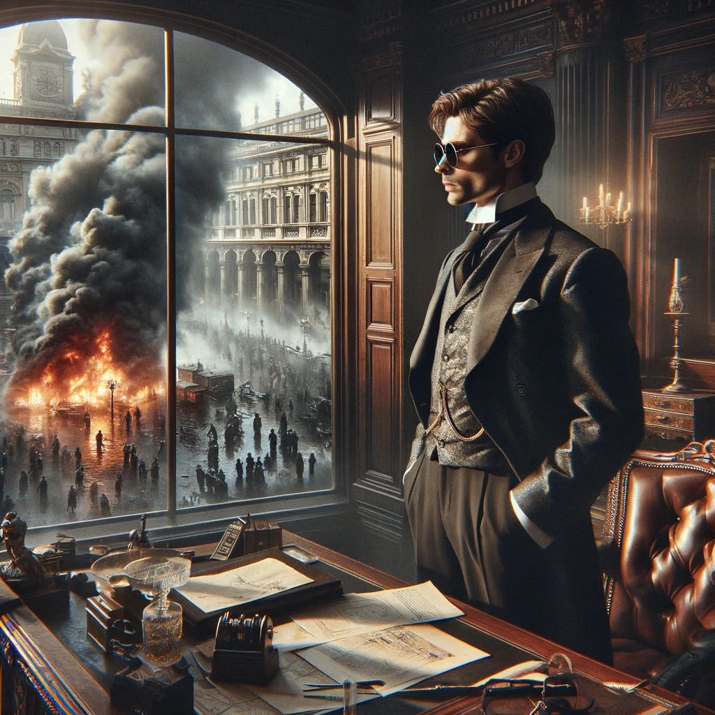 In an opulent Gilded Age office, an alpha male stands serenely by a large window, looking out over a scene of chaos and danger below. Despite the tumultuous events unfolding—smoke rising from fires, crowds in panic, and the bustling urgency of emergency responders—his expression remains composed and untroubled. Dressed in a finely tailored suit from the late 19th century, he embodies a calm amid the storm, a juxtaposition of tranquility against a backdrop of disorder. His modern sunglasses add a touch of contemporary resilience, enhancing his detached demeanor. The office around him is a sanctuary of luxury and order, with rich wooden furnishings, historical artifacts, and a grand view of the dramatic scene outside, symbolizing his untouched status above the fray.