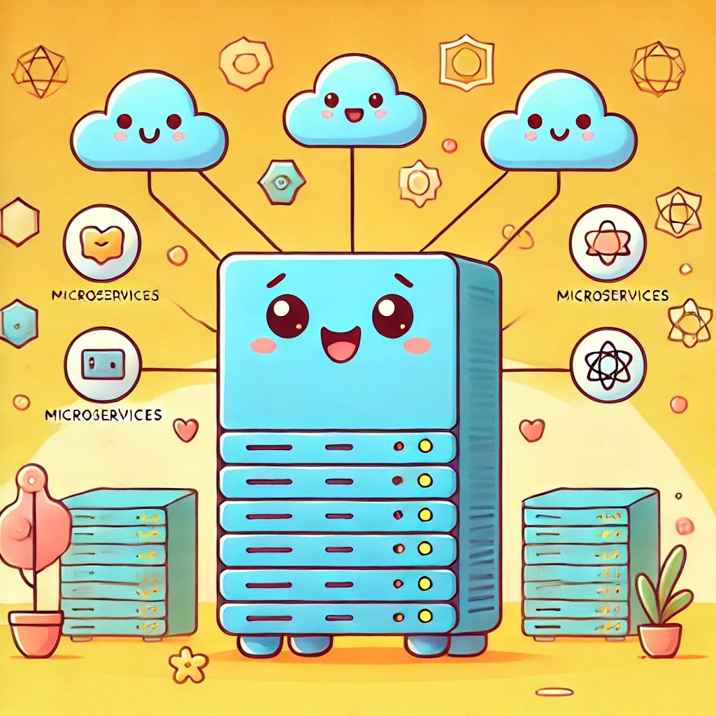 A cute and inviting illustration for a blog post about microservices architecture. The image features a friendly, cartoon-style server with small smiling faces on different microservices icons floating around it, connected by lines to represent the concept of communication and modularity. The background is bright and warm with soft colors like pastel blue and yellow, giving a playful and approachable feel. The style is simple, cheerful, and fun, appealing to a wide audience, with a touch of techy vibes. The microservices icons are easily recognizable but stylized in a cute, non-technical way.