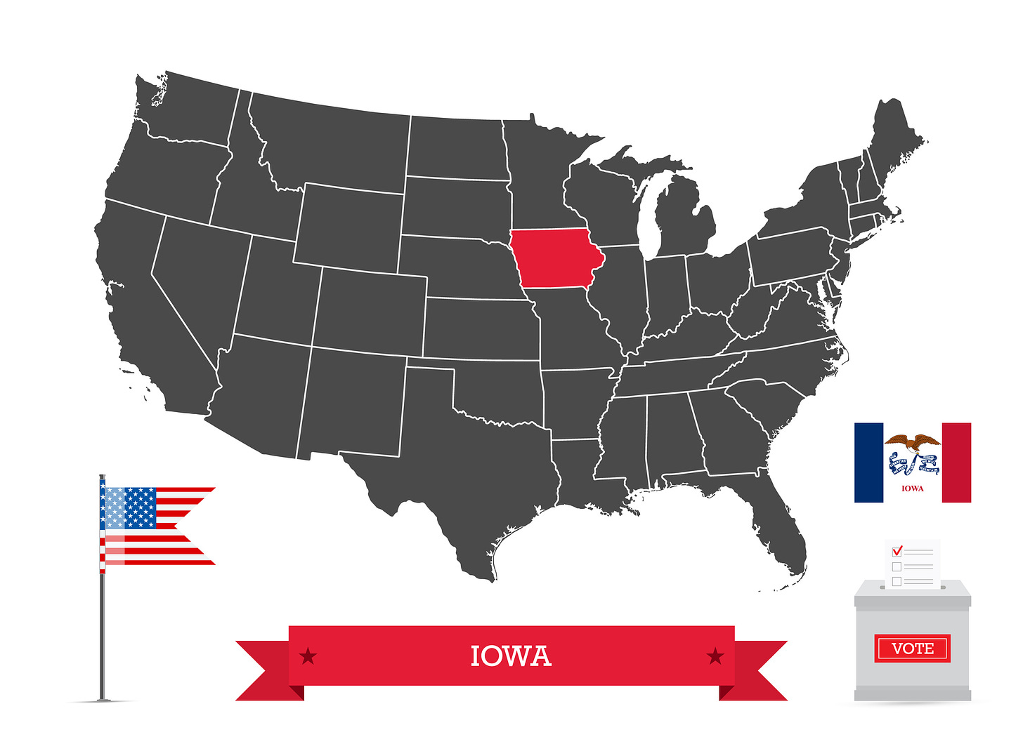 Gray image of United States map with Iowa in red with images of U.S. and Iowa flags beneath as well as a ballot box with "vote" printed on it.