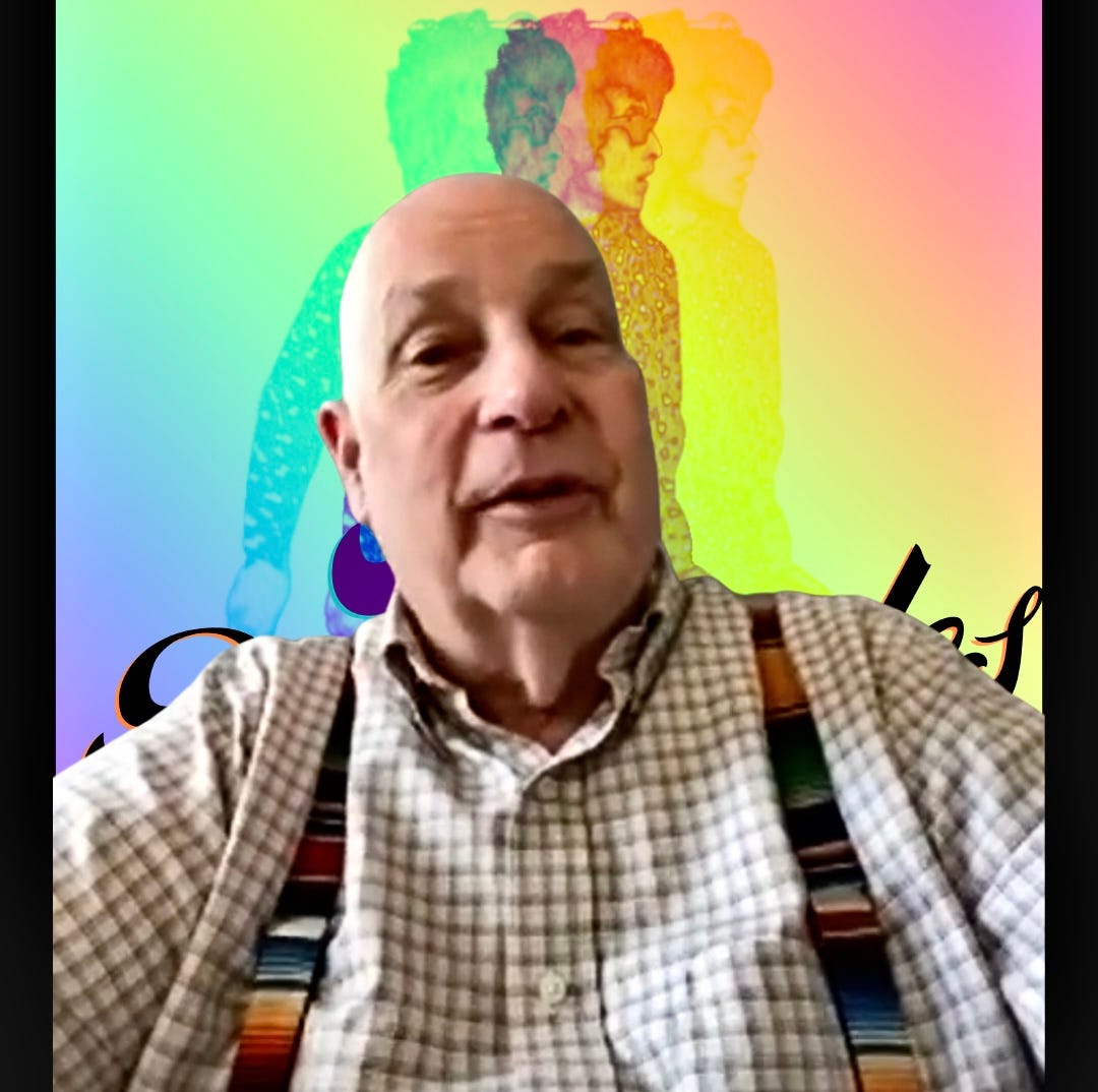 Photo of Michael Johnson in a checked shirt and rainbow suspenders superimposed on the Dylantantes logo