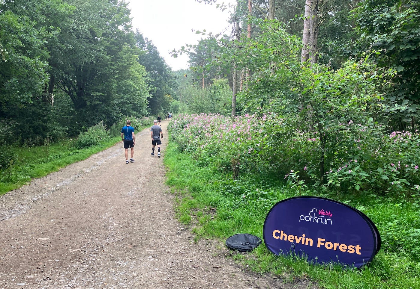 Greenery next to a wide path with a temporary Chevin Forest sign in place