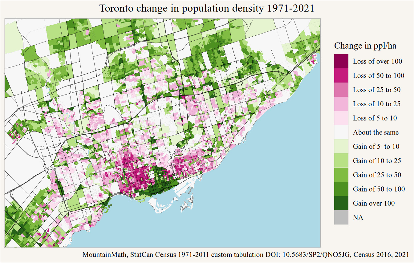 Map of change in Toronto population density between 1971 and 2021